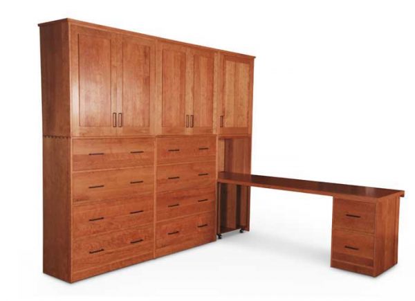 File Cabinet Wall contains two cases with four file drawers on bottom and cabinet doors on top, third case has cabinet on top and writing desk extended from base