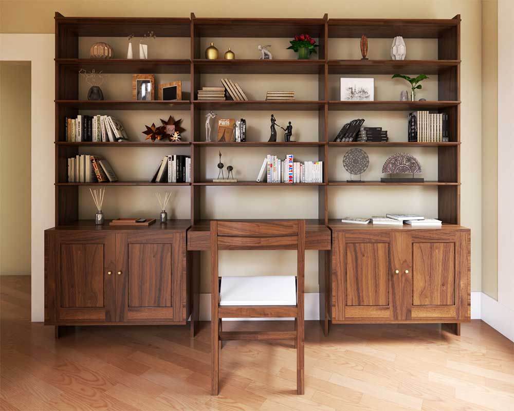Walnut wall unit with two base cabinets, desk and open top shelves